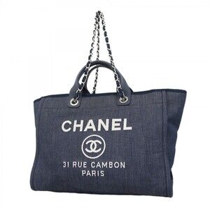 Chanel Deauville Tote Bag with Chain Shoulder Strap, Navy Blue, 2-Way for Women